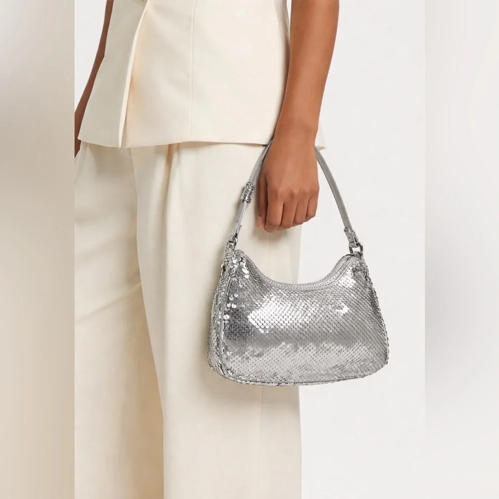 NWT Nicole Miller Silver Sequin Vegan Leather Small HOBO Shoulder Purse Handbag